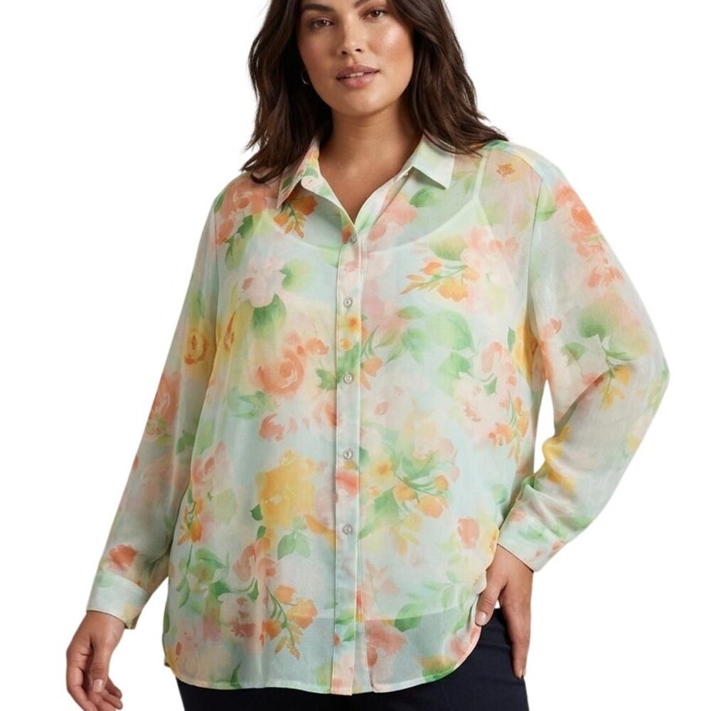 J. Jill Sheer Button Top Womens Size 4X Pastel Floral Watercolor Lightweight